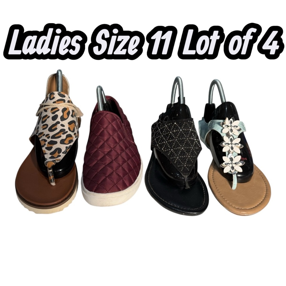 Ladies Shoe lot of 4 | Size 11 | Sandals & Slip on Sneaker | 2 New | 2 Pre-Owned